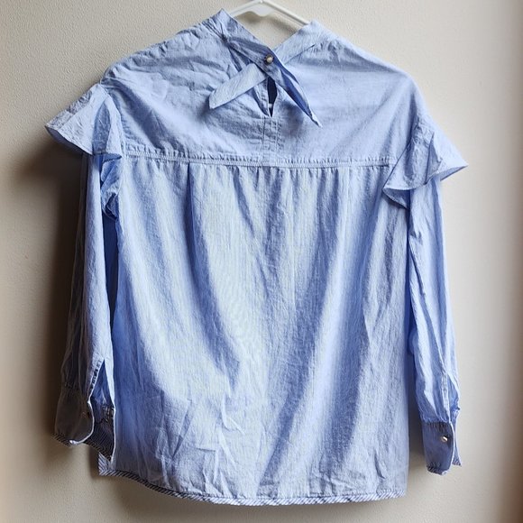 Blue Ruffled Micro-Striped Blouse Size Medium - Picture 13 of 16